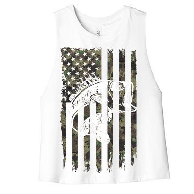 USA Flag Camo Camouflage Fish Women's Racerback Cropped Tank