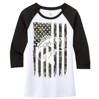 USA Flag Camo Camouflage Fish Women's Tri-Blend 3/4-Sleeve Raglan Shirt