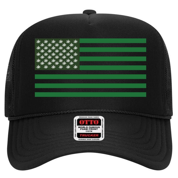 USA Flag Marijuana Cannabis Weed Styled High Crown Mesh Back Trucker Hat