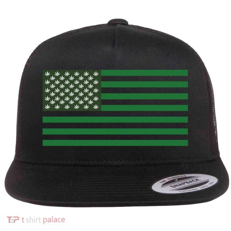 USA Flag Marijuana Cannabis Weed Styled Flat Bill Trucker Hat