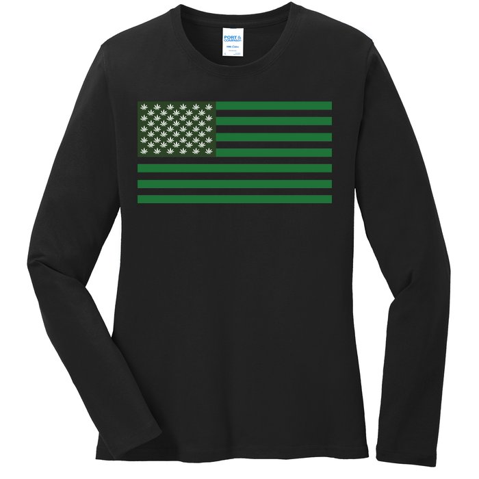 USA Flag Marijuana Cannabis Weed Styled Ladies Long Sleeve Shirt