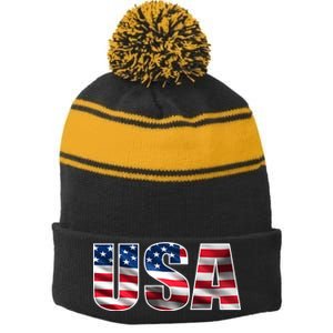 USA Flag Team Logo Stripe Pom Pom Beanie