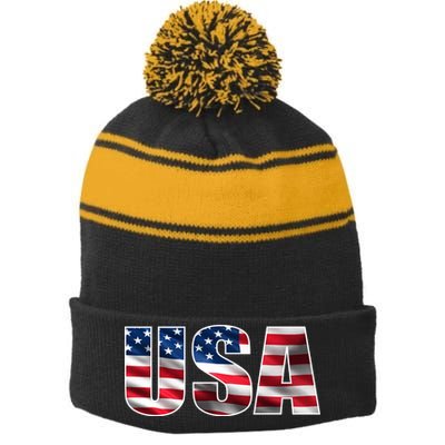 USA Flag Team Logo Stripe Pom Pom Beanie