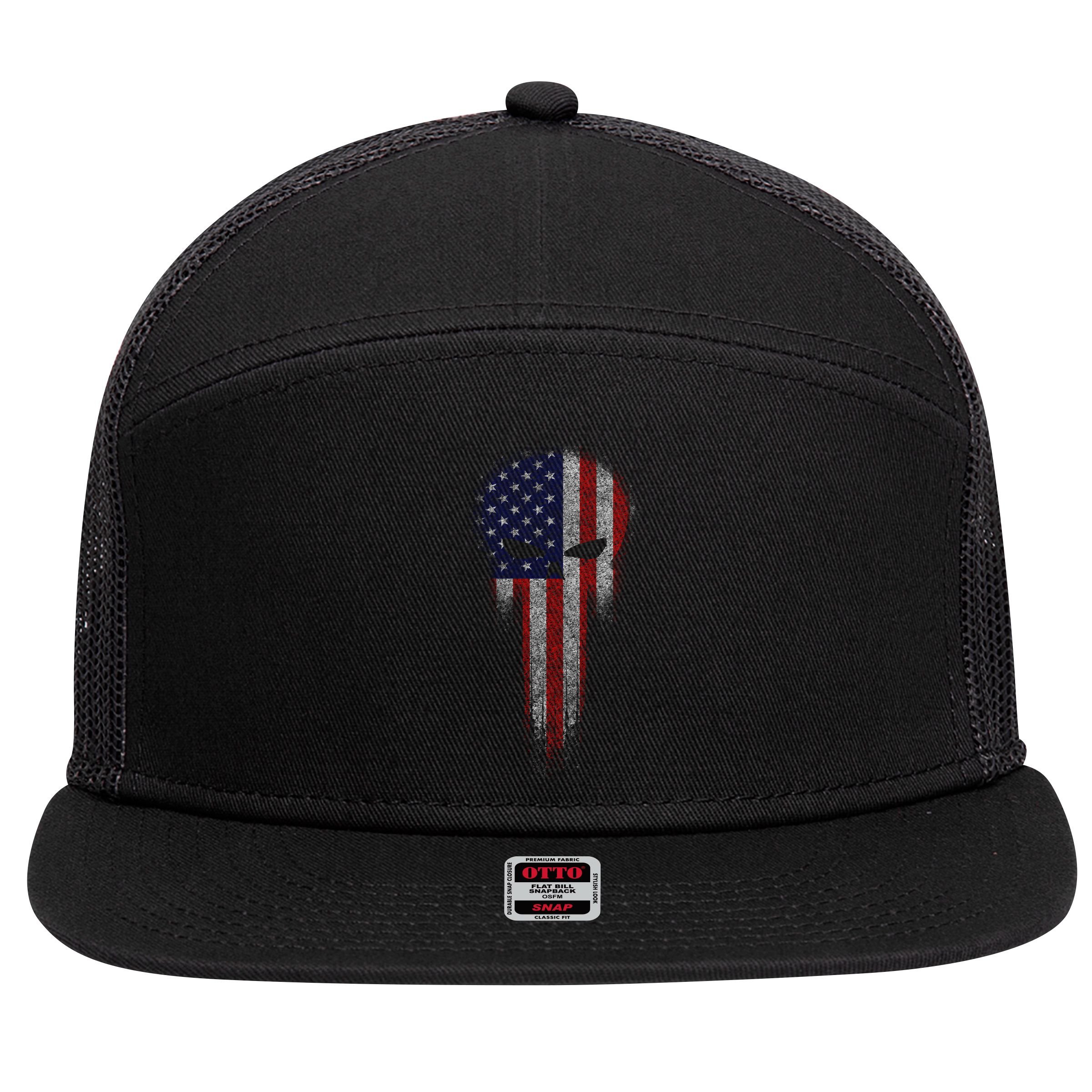 USA Grunge Skull 7 Panel Mesh Trucker Snapback Hat