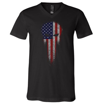 USA Grunge Skull V-Neck T-Shirt