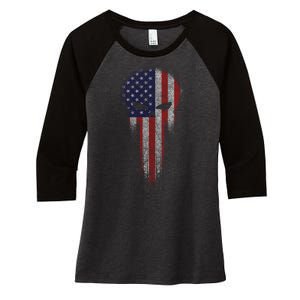 USA Grunge Skull Women's Tri-Blend 3/4-Sleeve Raglan Shirt