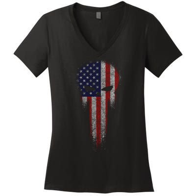 USA Grunge Skull Women's V-Neck T-Shirt
