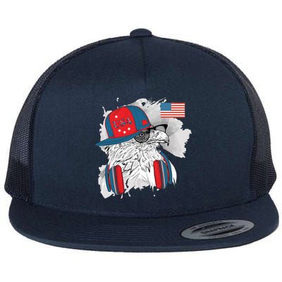 USA Hip Bald Eagle United States Flag Headphones Flat Bill Trucker Hat