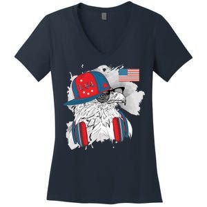 USA Hip Bald Eagle United States Flag Headphones Women's V-Neck T-Shirt