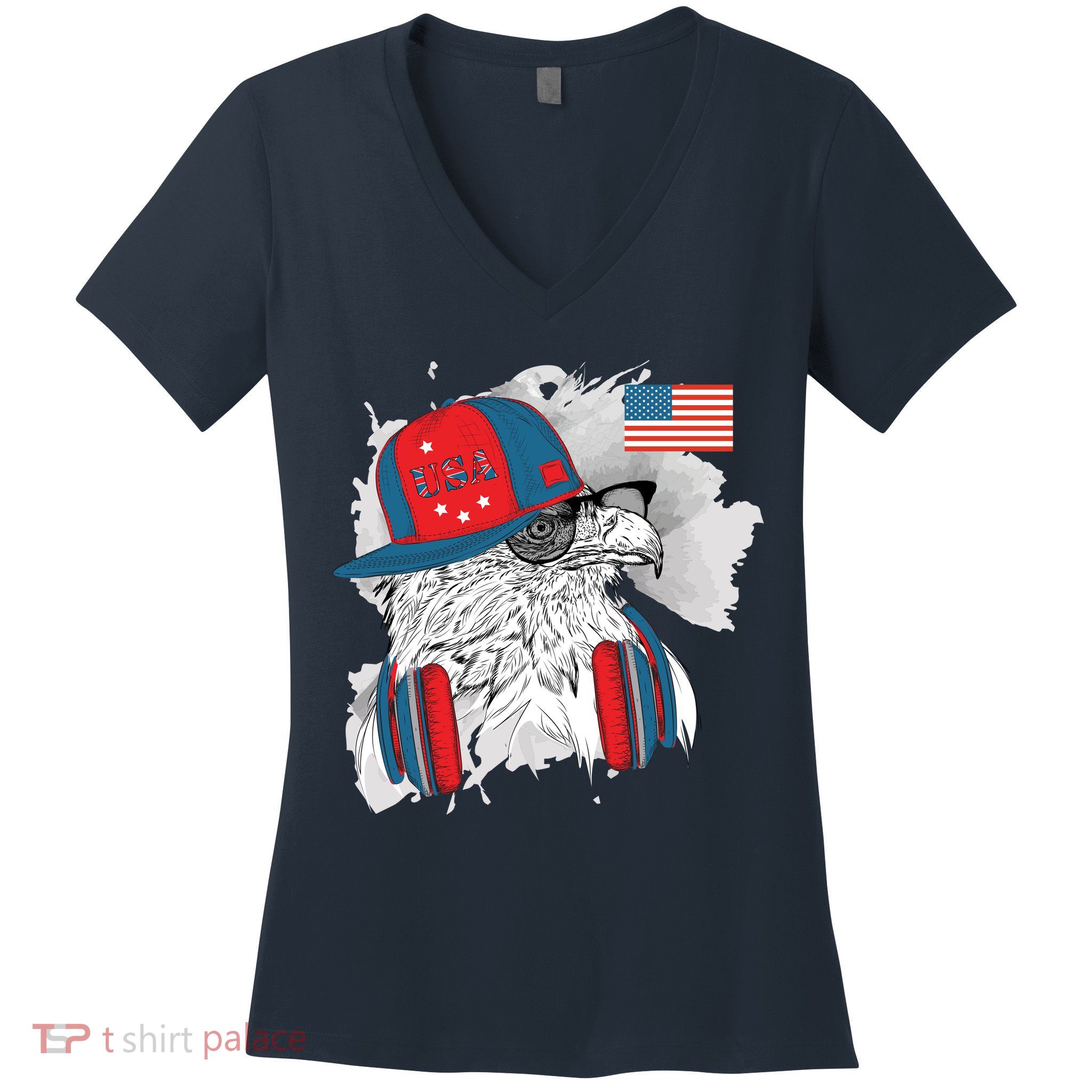 USA Hip Bald Eagle United States Flag Headphones Women's V-Neck T-Shirt