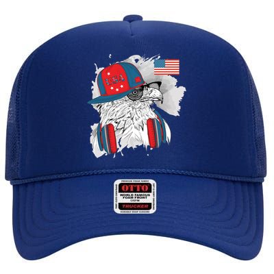 USA Hip Bald Eagle United States Flag Headphones High Crown Mesh Back Trucker Hat