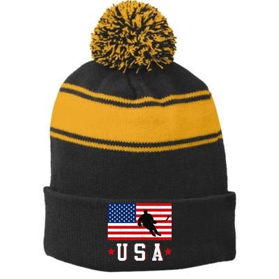 USA Hockey Winter Sports Games Stripe Pom Pom Beanie