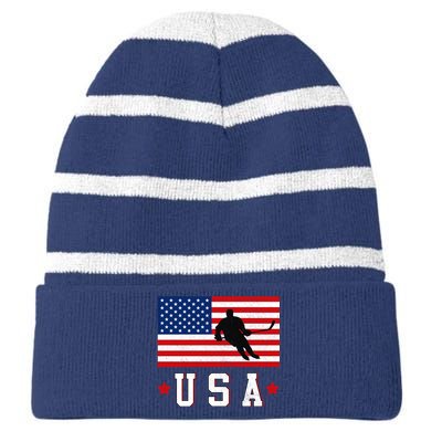 USA Hockey Winter Sports Games Striped Beanie with Solid Band