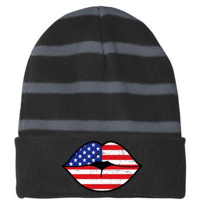 USA Lips Striped Beanie with Solid Band