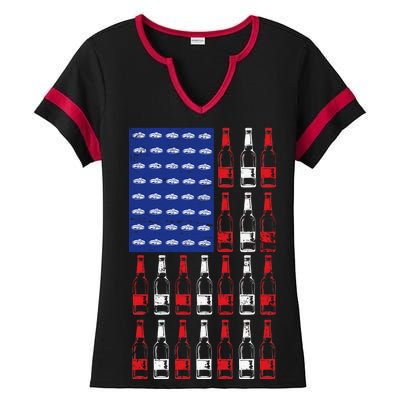 USA Patriotic Beer Bottle American Flag Ladies Halftime Notch Neck Tee