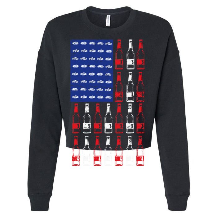 USA Patriotic Beer Bottle American Flag Cropped Pullover Crew