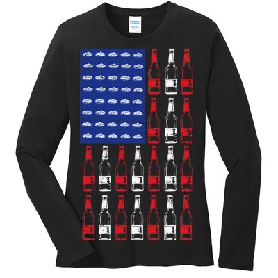 USA Patriotic Beer Bottle American Flag Ladies Long Sleeve Shirt