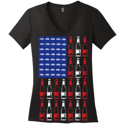 USA Patriotic Beer Bottle American Flag Women's V-Neck T-Shirt