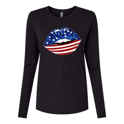 USA Patriotic Lips Of America Womens Cotton Relaxed Long Sleeve T-Shirt