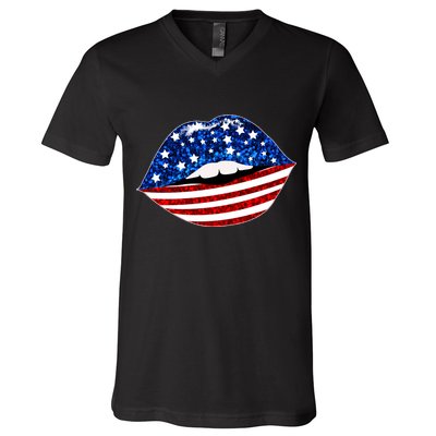 USA Patriotic Lips Of America V-Neck T-Shirt