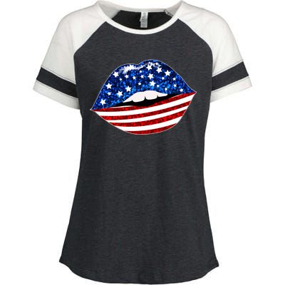 USA Patriotic Lips Of America Enza Ladies Jersey Colorblock Tee