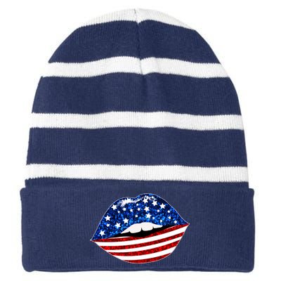 USA Patriotic Lips Of America Striped Beanie with Solid Band