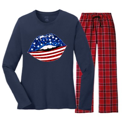 USA Patriotic Lips Of America Women's Long Sleeve Flannel Pajama Set 