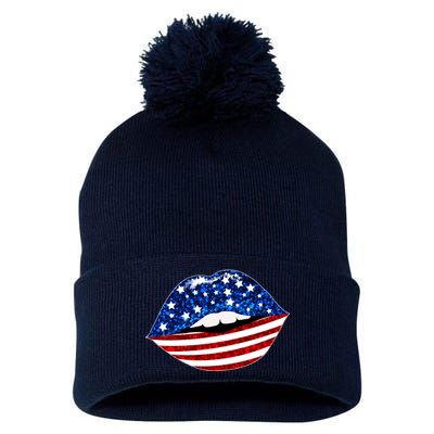 USA Patriotic Lips Of America Pom Pom 12in Knit Beanie