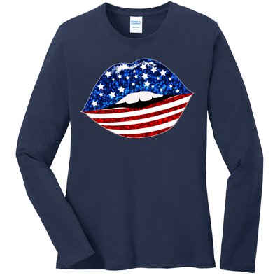 USA Patriotic Lips Of America Ladies Long Sleeve Shirt