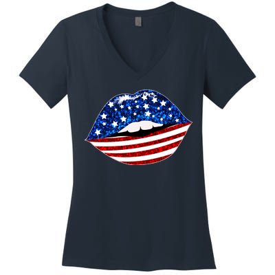 USA Patriotic Lips Of America Women's V-Neck T-Shirt