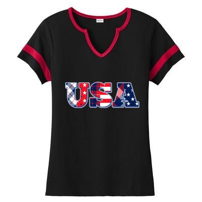 USA Patriotic Logo Star Stripes Patterns Ladies Halftime Notch Neck Tee