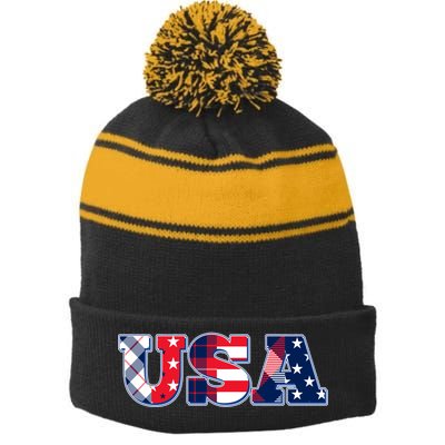 USA Patriotic Logo Star Stripes Patterns Stripe Pom Pom Beanie