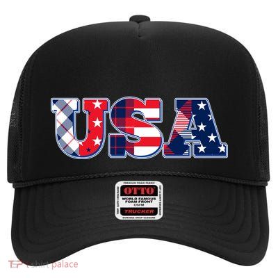 USA Patriotic Logo Star Stripes Patterns High Crown Mesh Back Trucker Hat