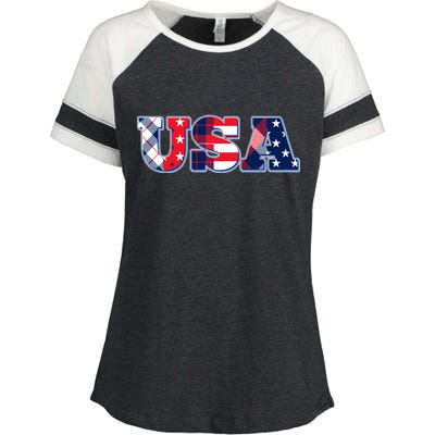 USA Patriotic Logo Star Stripes Patterns Enza Ladies Jersey Colorblock Tee