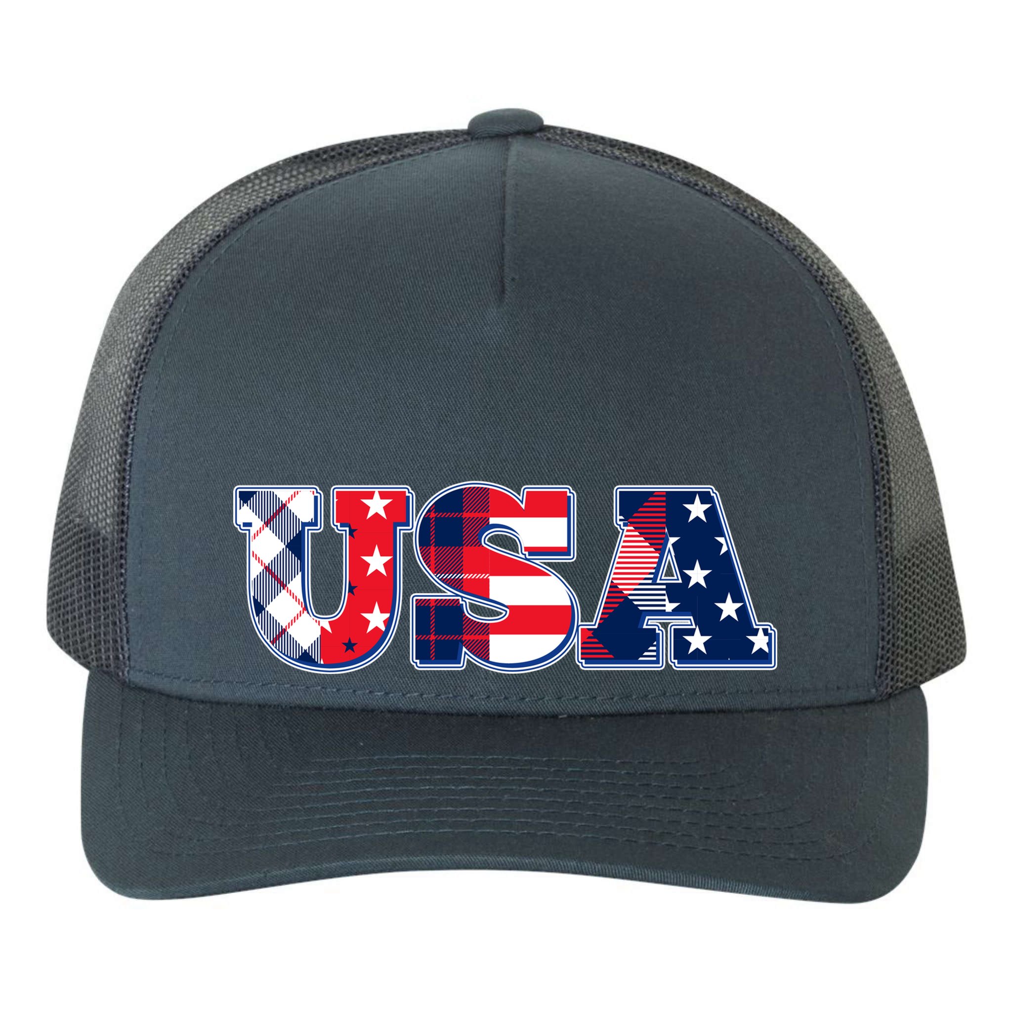USA Patriotic Logo Star Stripes Patterns Yupoong Adult 5-Panel Trucker Hat