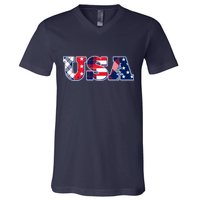 USA Patriotic Logo Star Stripes Patterns V-Neck T-Shirt