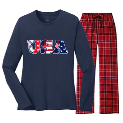 USA Patriotic Logo Star Stripes Patterns Women's Long Sleeve Flannel Pajama Set 