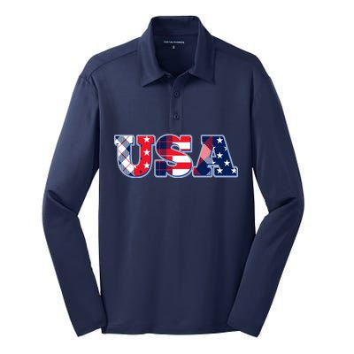 USA Patriotic Logo Star Stripes Patterns Silk Touch Performance Long Sleeve Polo