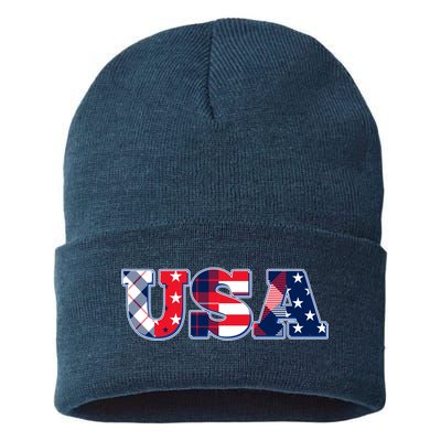 USA Patriotic Logo Star Stripes Patterns Sustainable Knit Beanie