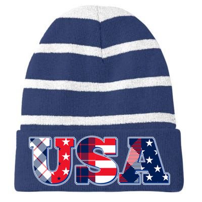 USA Patriotic Logo Star Stripes Patterns Striped Beanie with Solid Band