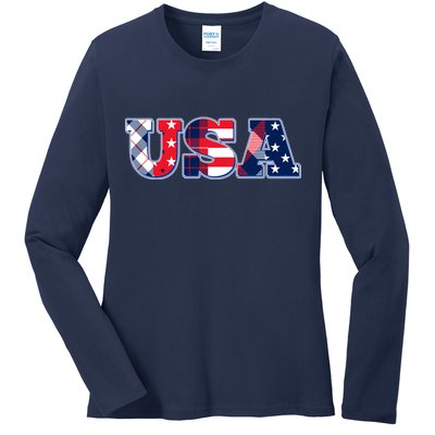 USA Patriotic Logo Star Stripes Patterns Ladies Long Sleeve Shirt