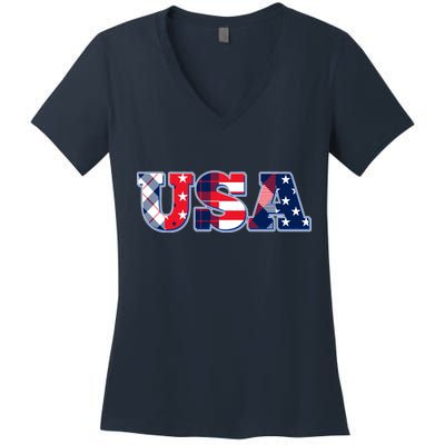 USA Patriotic Logo Star Stripes Patterns Women's V-Neck T-Shirt