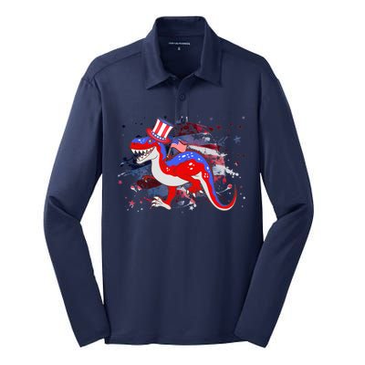 USA Patriotic Presidential Dinosaur Silk Touch Performance Long Sleeve Polo