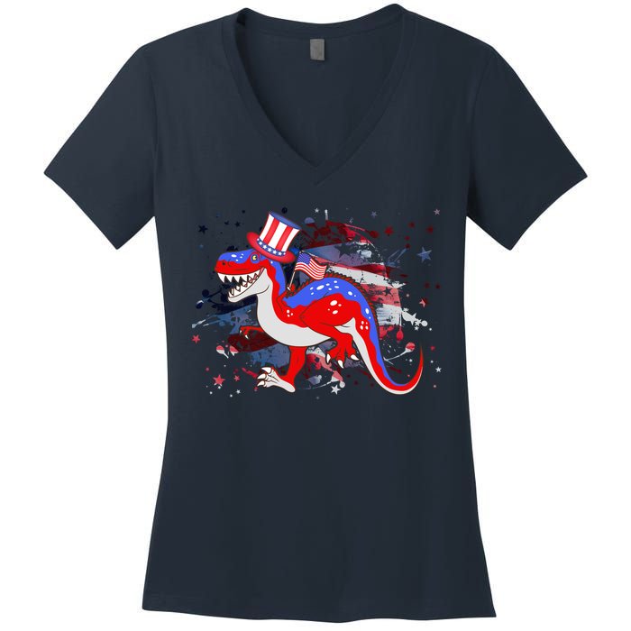 USA Patriotic Presidential Dinosaur Women's V-Neck T-Shirt