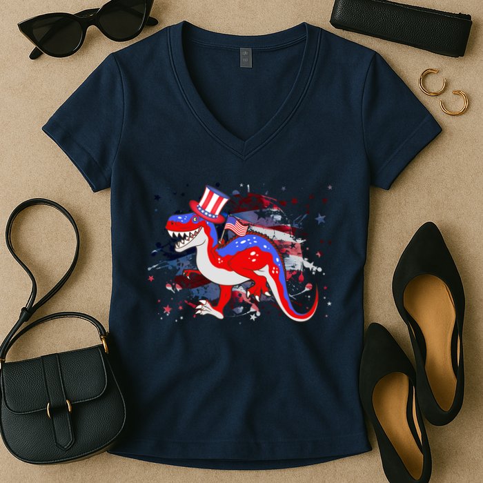 USA Patriotic Presidential Dinosaur Women's V-Neck T-Shirt