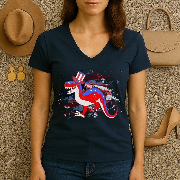 USA Patriotic Presidential Dinosaur Women's V-Neck T-Shirt