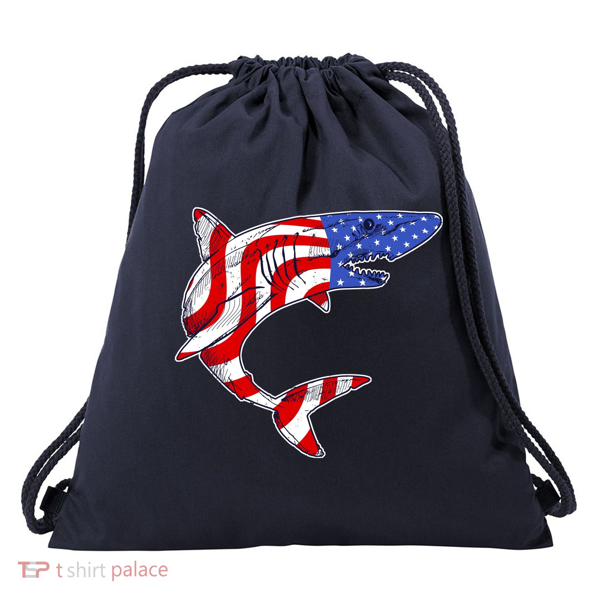 USA Patriotic Shark Drawstring Bag
