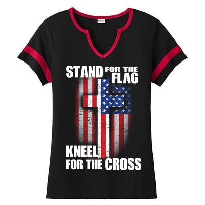 USA Patriotic Stand For The Flag Kneel For The Cross Ladies Halftime Notch Neck Tee