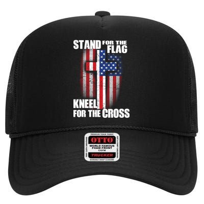 USA Patriotic Stand For The Flag Kneel For The Cross High Crown Mesh Back Trucker Hat