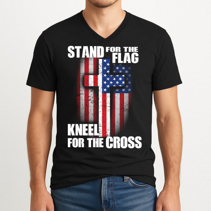 USA Patriotic Stand For The Flag Kneel For The Cross V-Neck T-Shirt